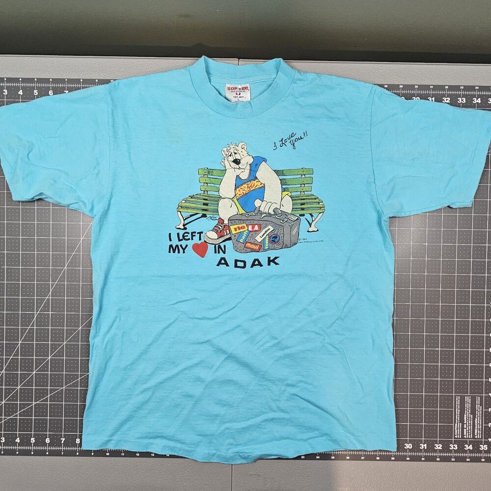 Vintage Adak Hull Garment Tshirt Medium Blue 80s Sof Tee Love You Tourist Single